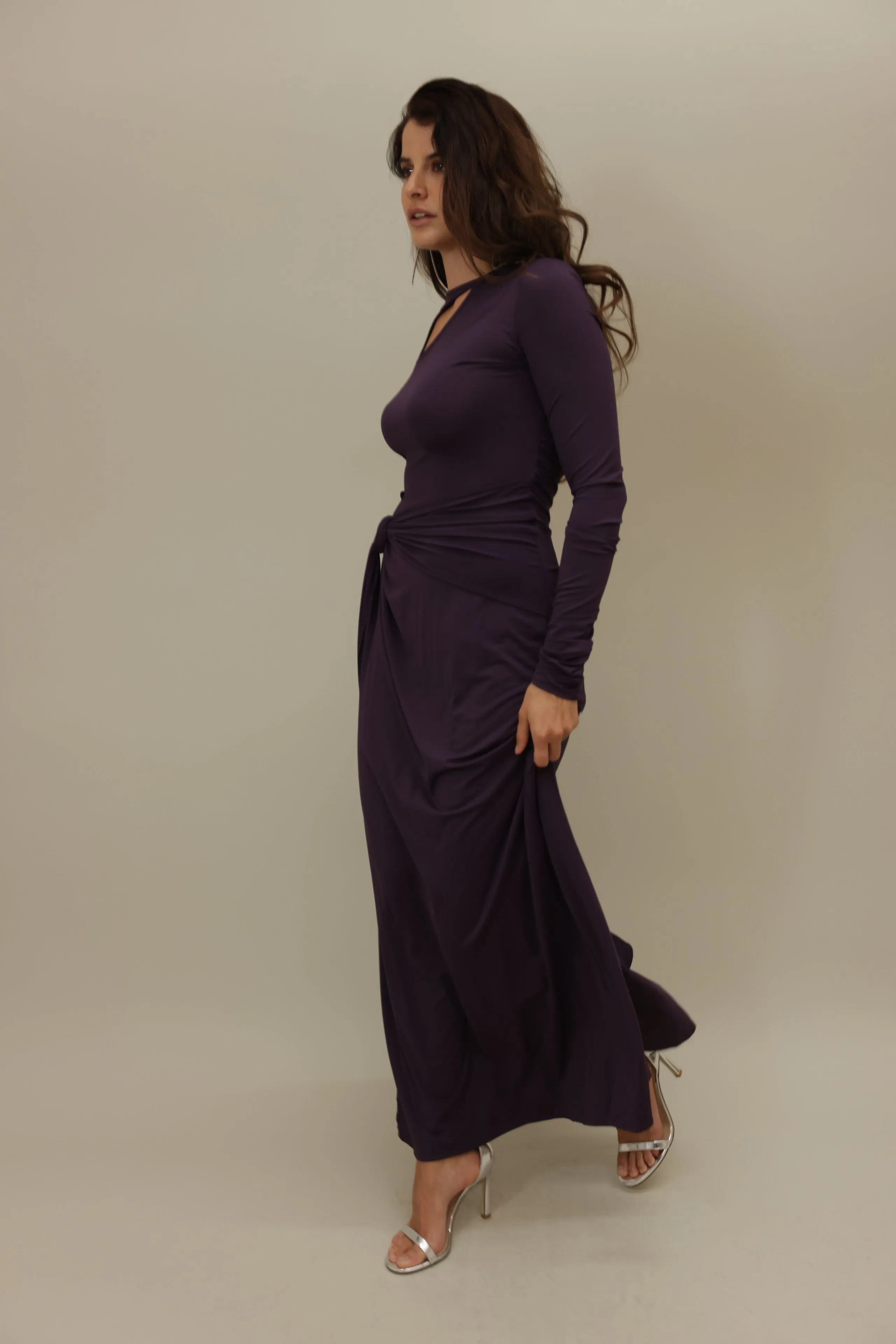 Elegant Deep Purple Cut-Out Gown with Ruched Detailing