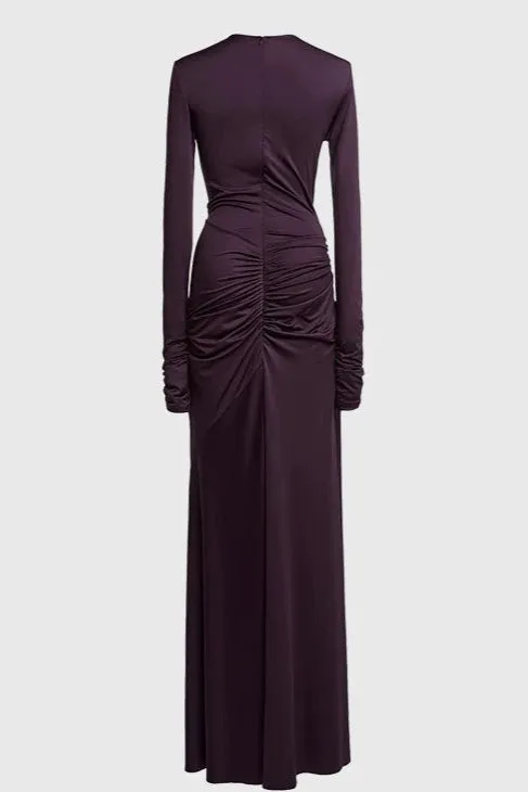 Elegant Deep Purple Cut-Out Gown with Ruched Detailing