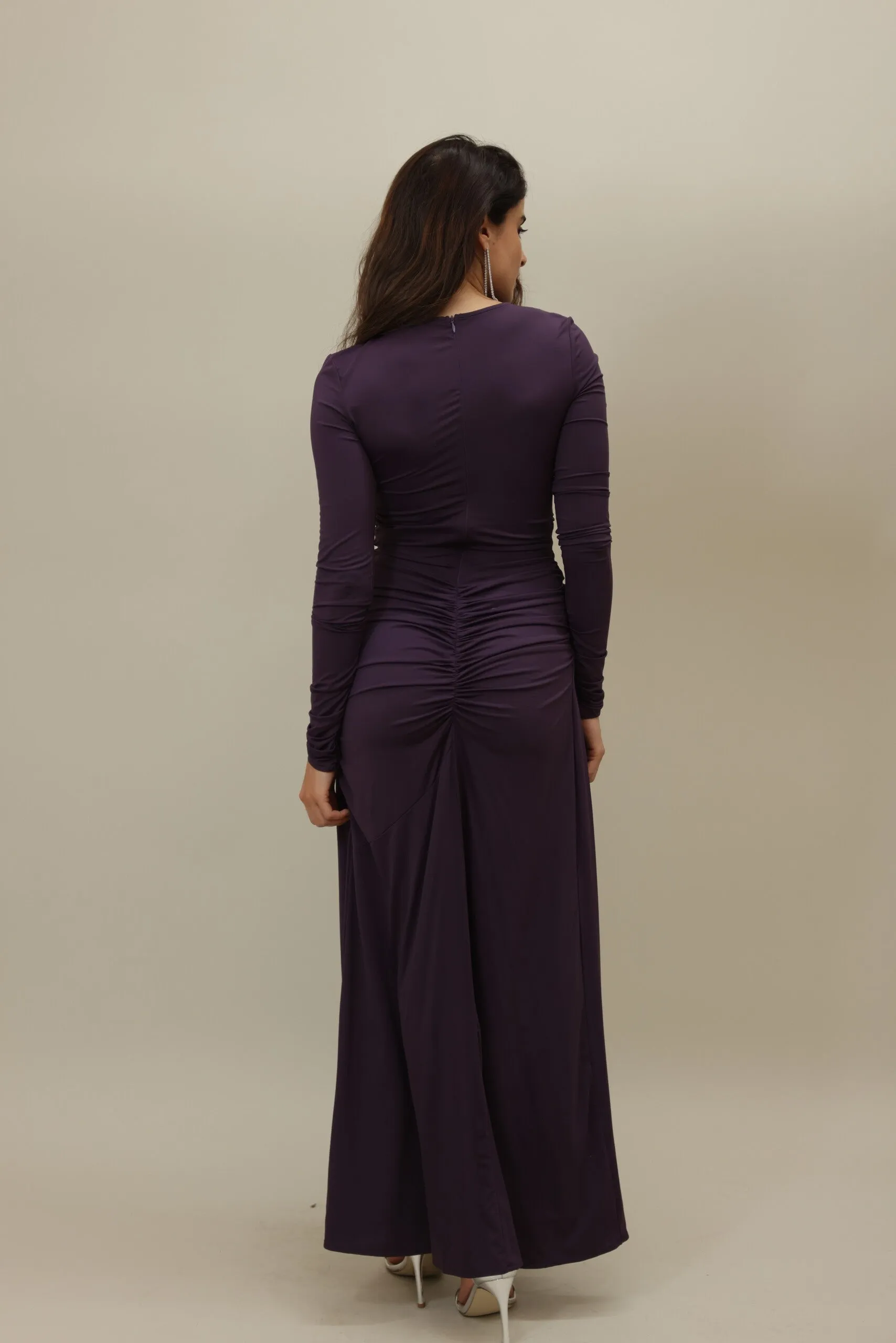 Elegant Deep Purple Cut-Out Gown with Ruched Detailing