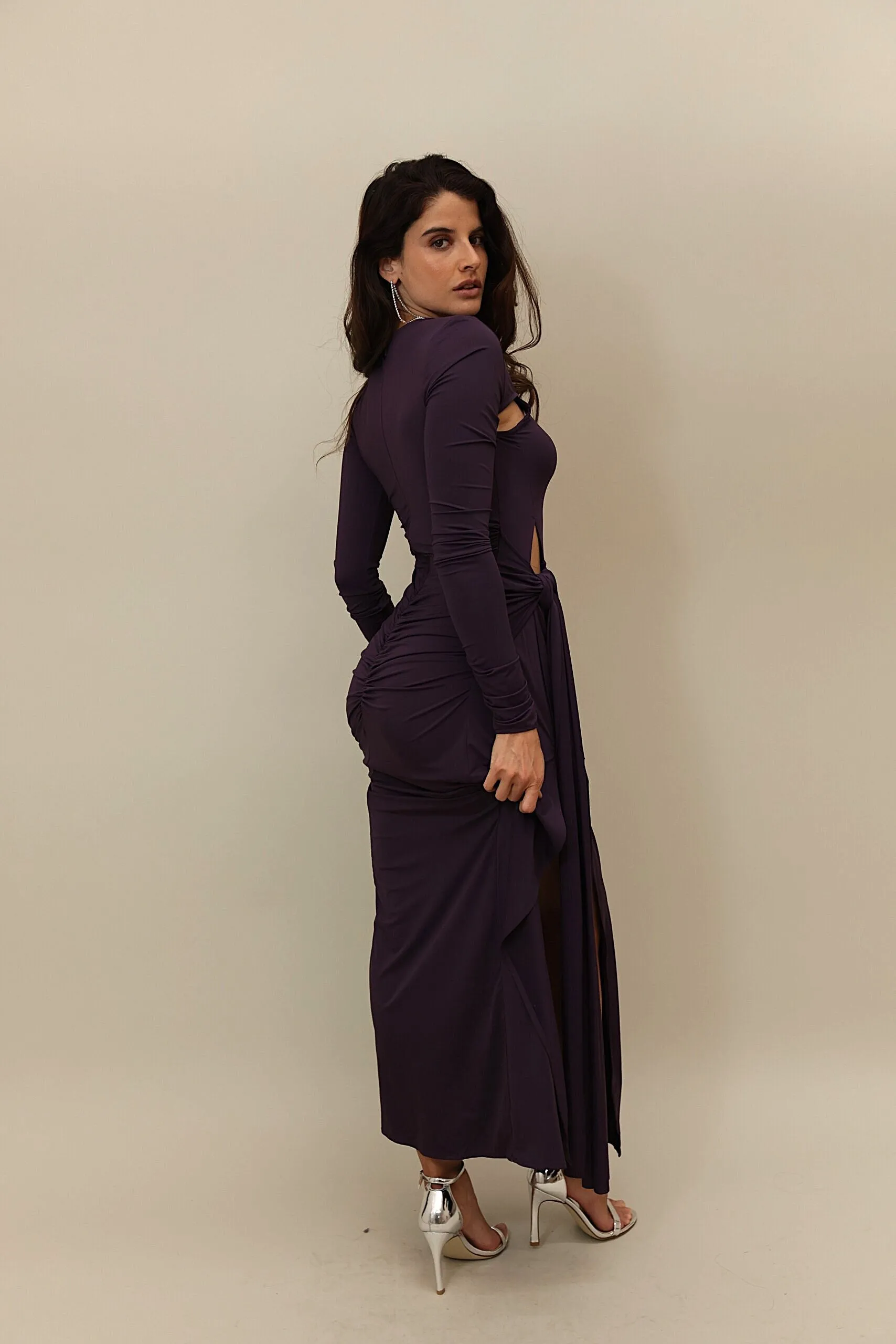 Elegant Deep Purple Cut-Out Gown with Ruched Detailing