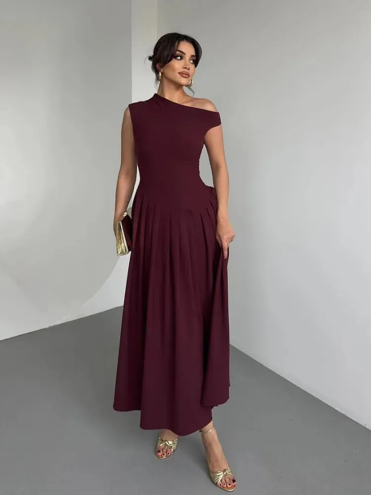 Elegant Pleated A-Line Midi Dress | Off Shoulder High Waist Summer Dress