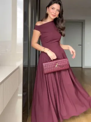 Elegant Pleated A-Line Midi Dress | Off Shoulder High Waist Summer Dress