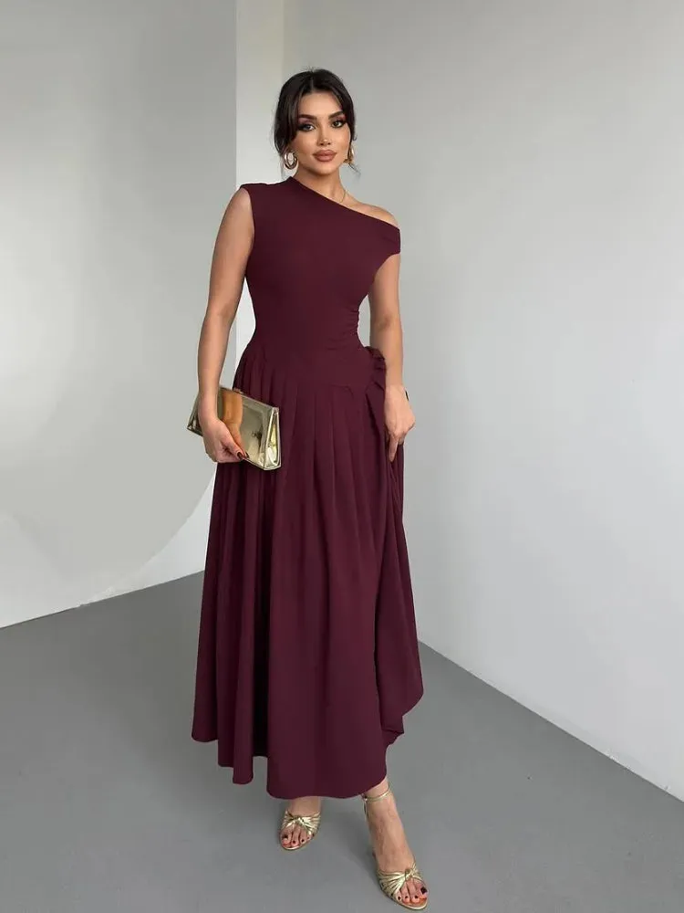 Elegant Pleated A-Line Midi Dress | Off Shoulder High Waist Summer Dress