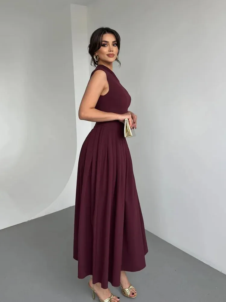 Elegant Pleated A-Line Midi Dress | Off Shoulder High Waist Summer Dress