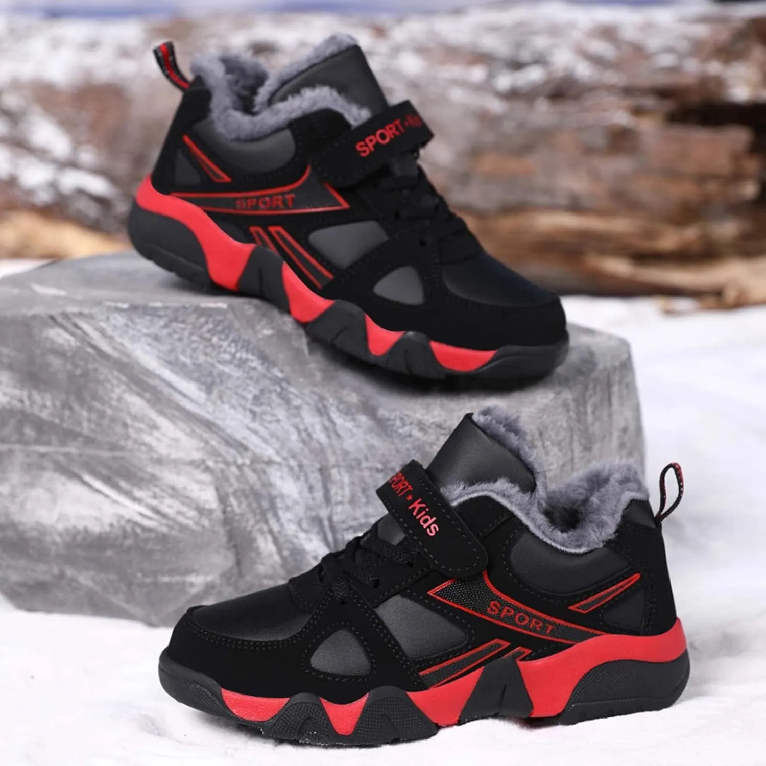Eliogn Boys Winter Sneakers Faux Fur Ankle Booties Unisex Kids Warm High Top Traines Sport Shoes (Big Kid/Little Kid)