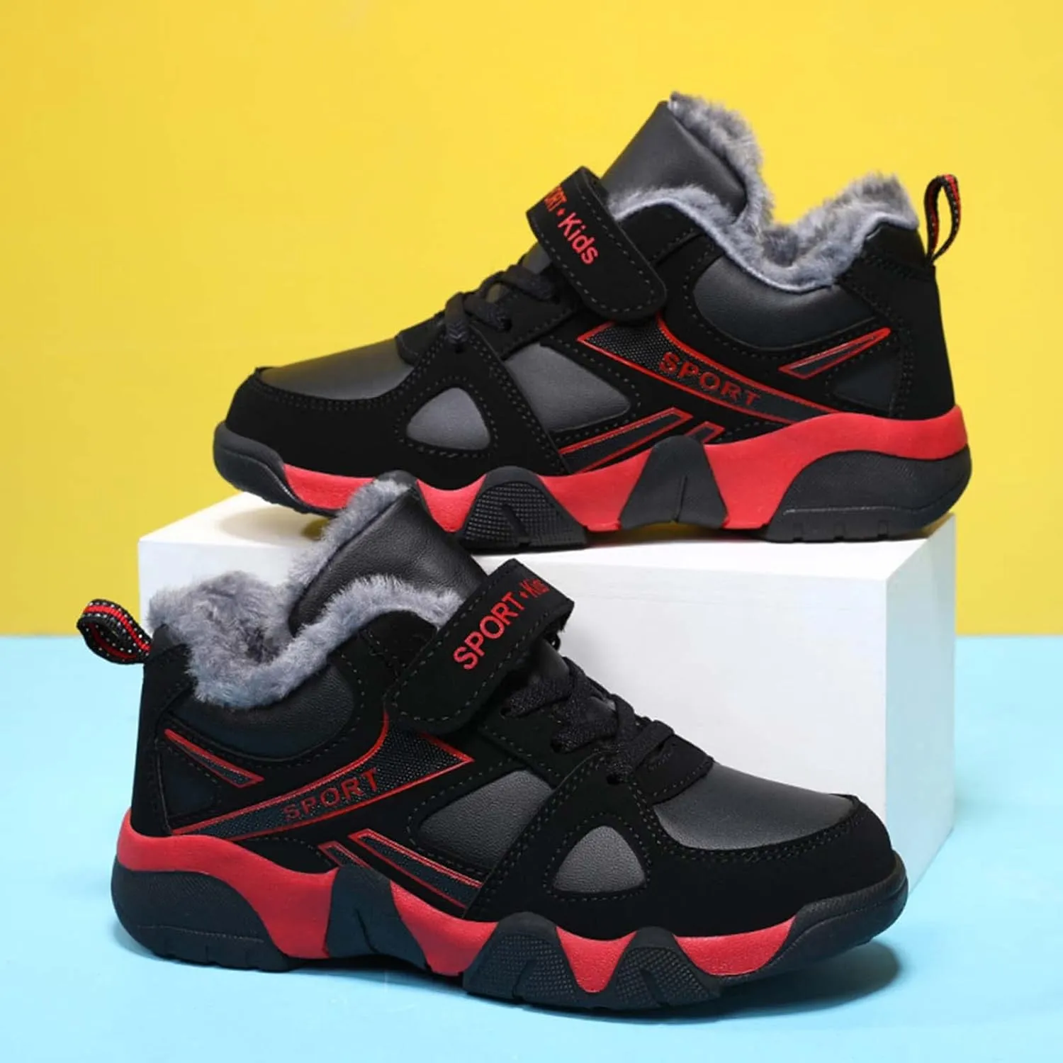 Eliogn Boys Winter Sneakers Faux Fur Ankle Booties Unisex Kids Warm High Top Traines Sport Shoes (Big Kid/Little Kid)