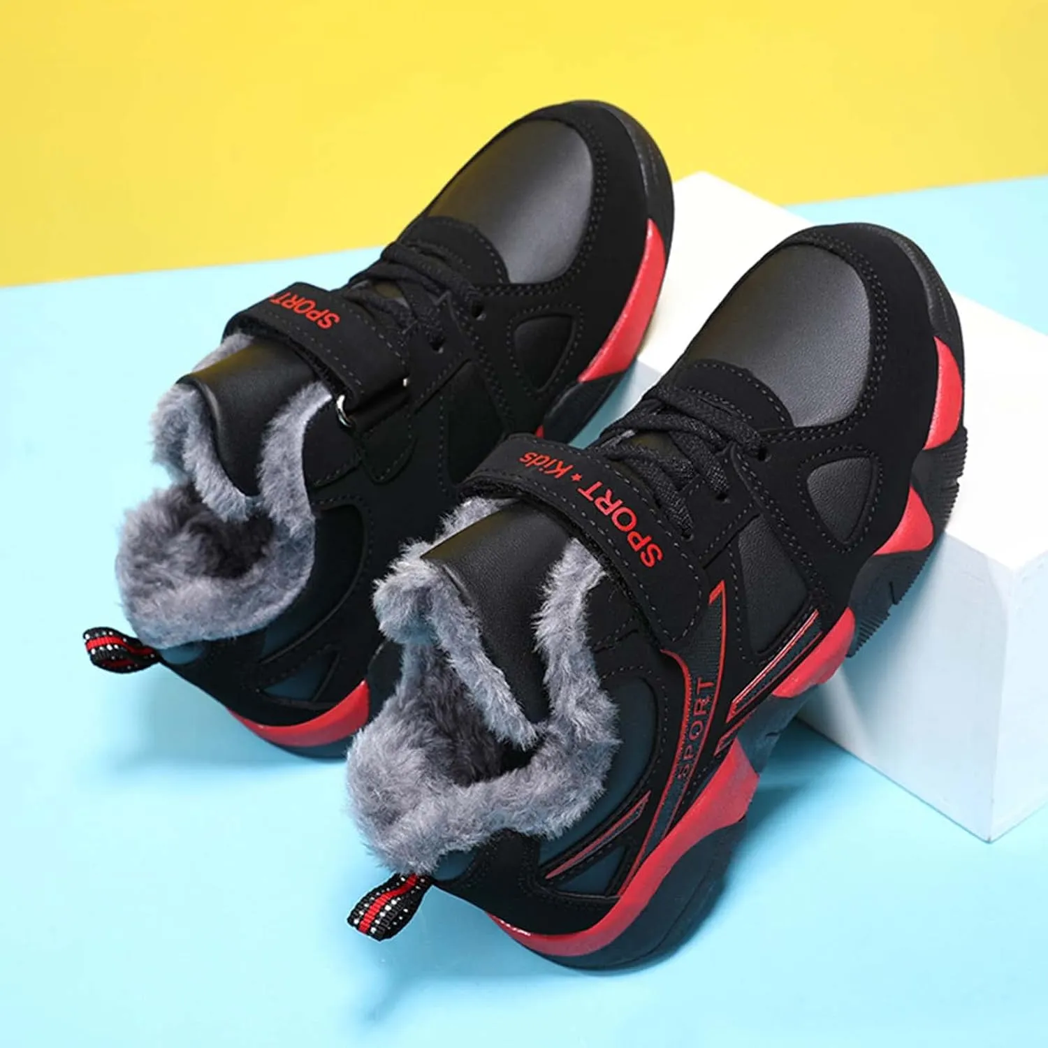 Eliogn Boys Winter Sneakers Faux Fur Ankle Booties Unisex Kids Warm High Top Traines Sport Shoes (Big Kid/Little Kid)