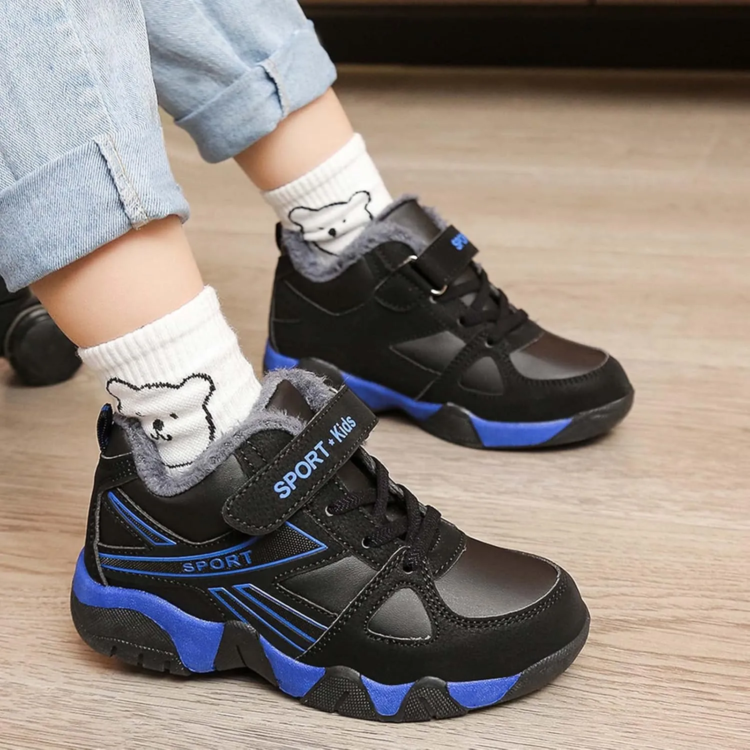 Eliogn Boys Winter Sneakers Faux Fur Ankle Booties Unisex Kids Warm High Top Traines Sport Shoes (Big Kid/Little Kid)