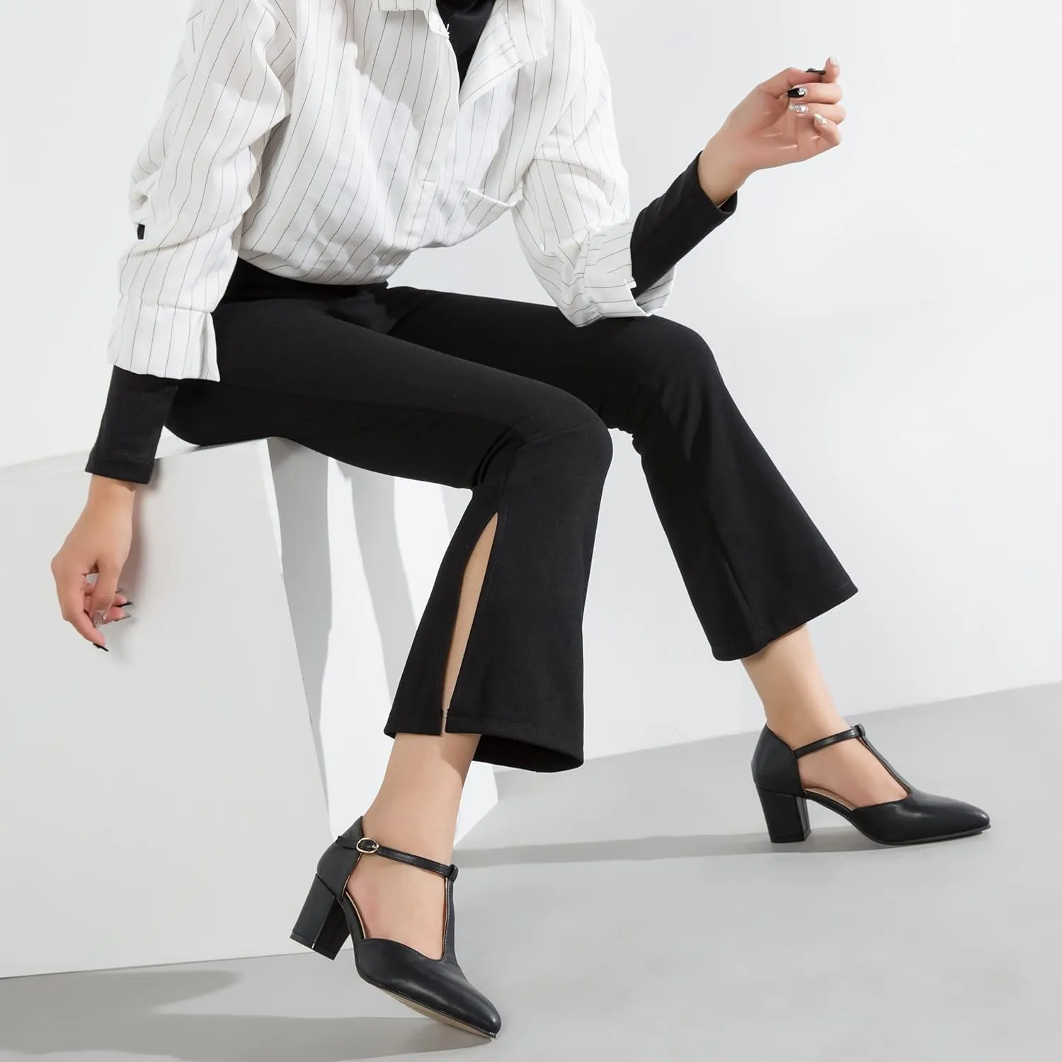 Enelauge Women's T-Strap Mary Jane Pumps Pointed Toe Ankle Strap Buckle Chunky Block Heel D'Orsay Sandals Dress Shoes