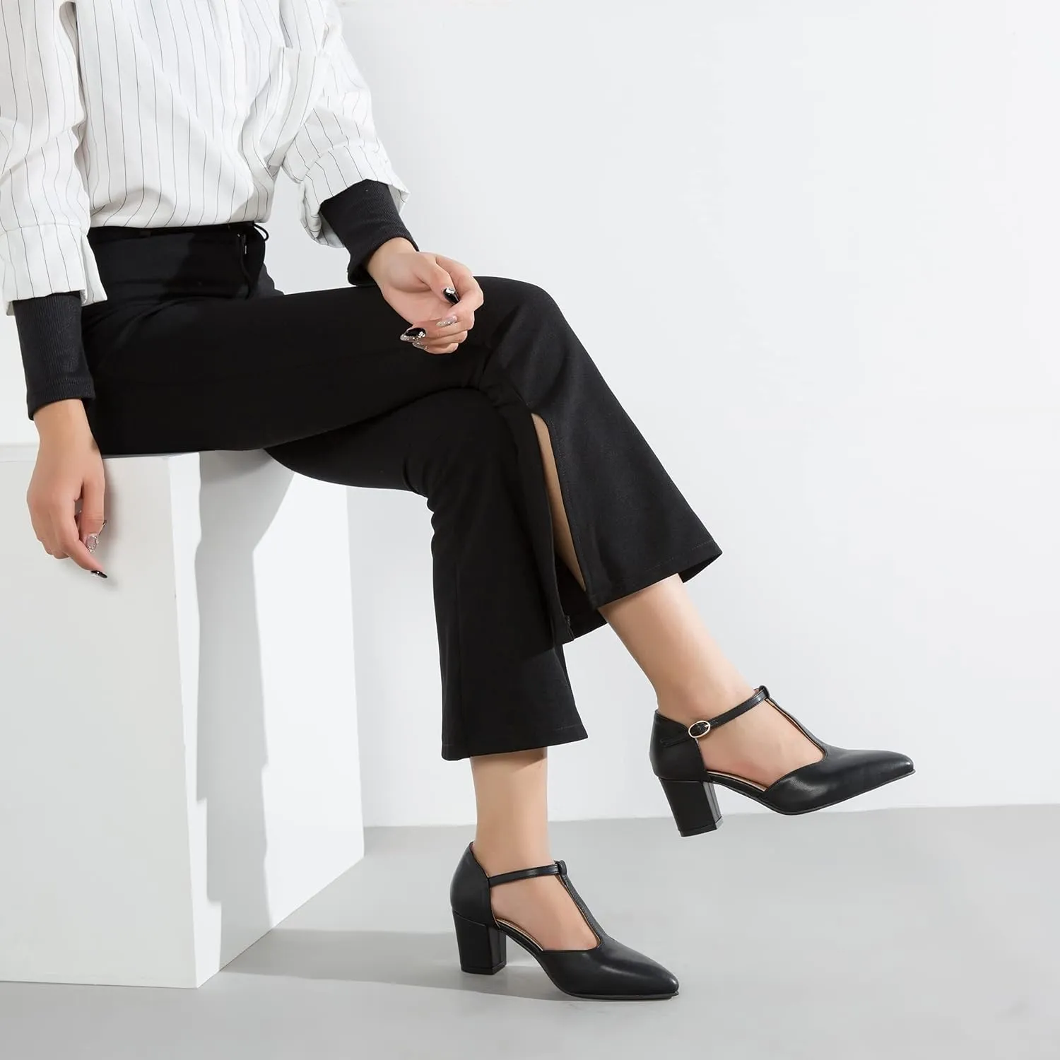 Enelauge Women's T-Strap Mary Jane Pumps Pointed Toe Ankle Strap Buckle Chunky Block Heel D'Orsay Sandals Dress Shoes
