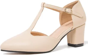 Enelauge Women's T-Strap Mary Jane Pumps Pointed Toe Ankle Strap Buckle Chunky Block Heel D'Orsay Sandals Dress Shoes