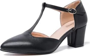 Enelauge Women's T-Strap Mary Jane Pumps Pointed Toe Ankle Strap Buckle Chunky Block Heel D'Orsay Sandals Dress Shoes
