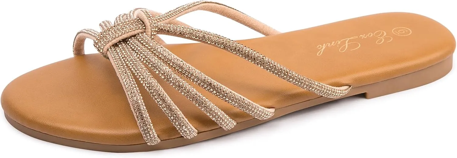 Eozlink Women's Flat Sandals Rhinestone Open Toe Sandals for Women Casual Sparkle Flat Sandals for Women Glitter Bling Evening Party Prom Dance Slide Sandal