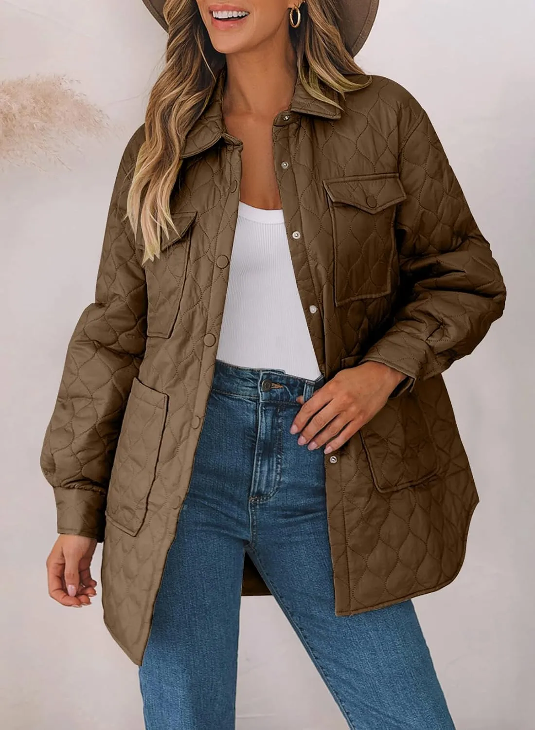 EVALESS Quilted Jackets for Women Lightweight Long Sleeve Button Down Puffer Jacket Warm Winter Coat Outerwear with Pockets