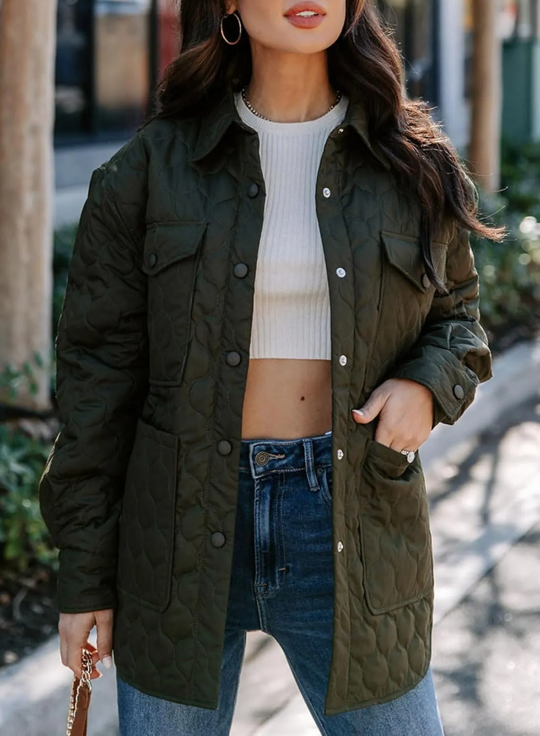 EVALESS Quilted Jackets for Women Lightweight Long Sleeve Button Down Puffer Jacket Warm Winter Coat Outerwear with Pockets