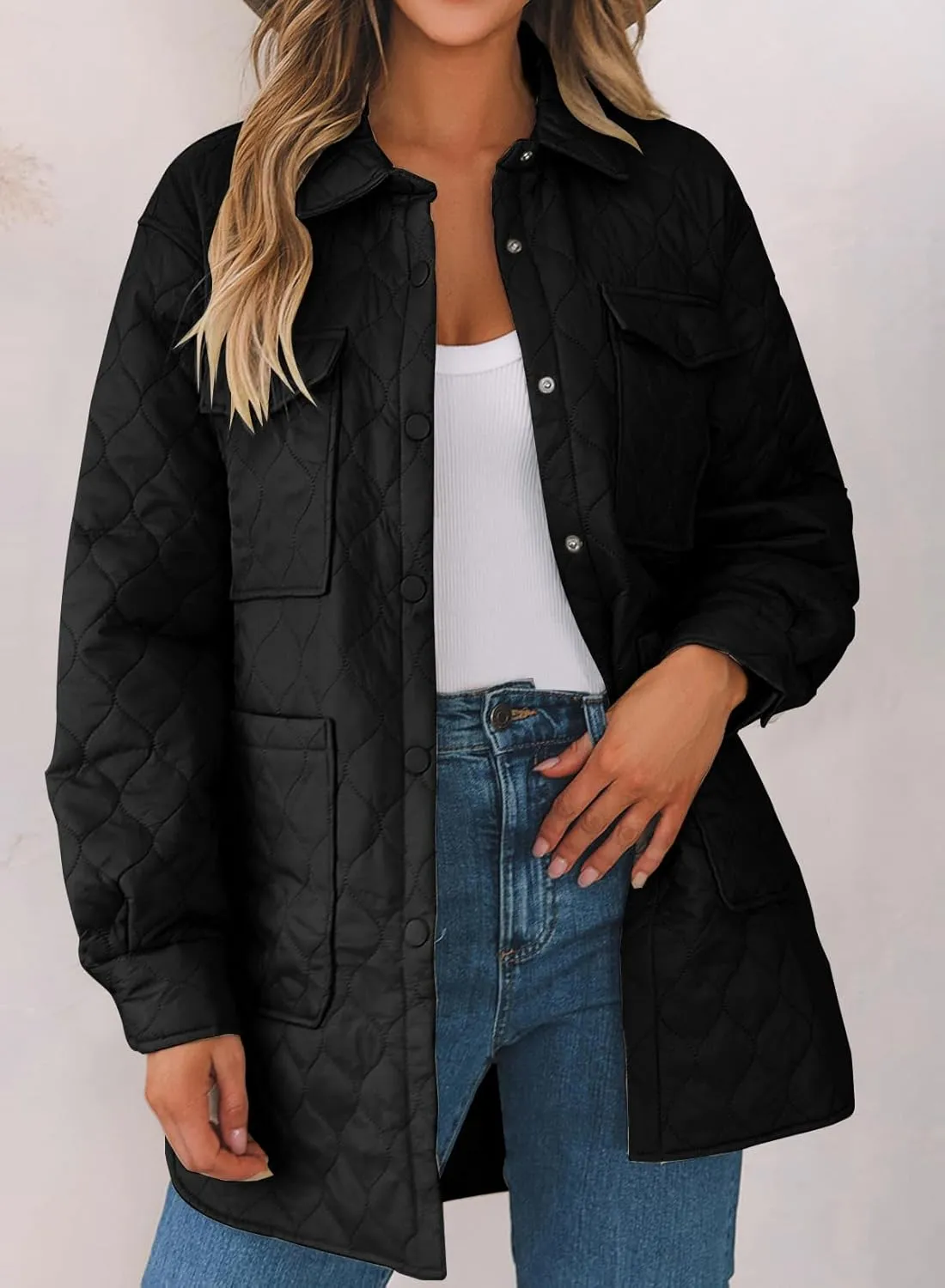 EVALESS Quilted Jackets for Women Lightweight Long Sleeve Button Down Puffer Jacket Warm Winter Coat Outerwear with Pockets