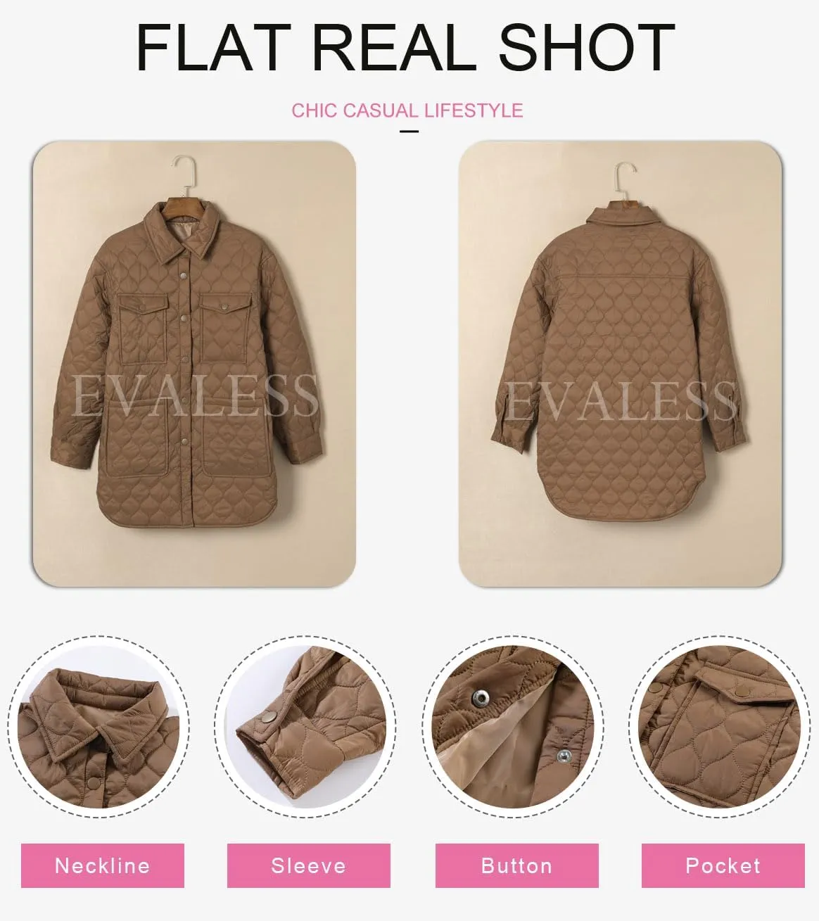 EVALESS Quilted Jackets for Women Lightweight Long Sleeve Button Down Puffer Jacket Warm Winter Coat Outerwear with Pockets
