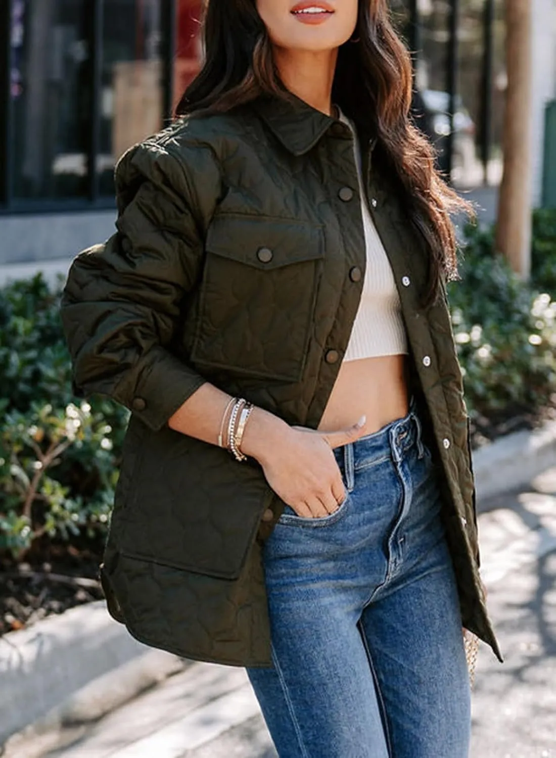 EVALESS Quilted Jackets for Women Lightweight Long Sleeve Button Down Puffer Jacket Warm Winter Coat Outerwear with Pockets