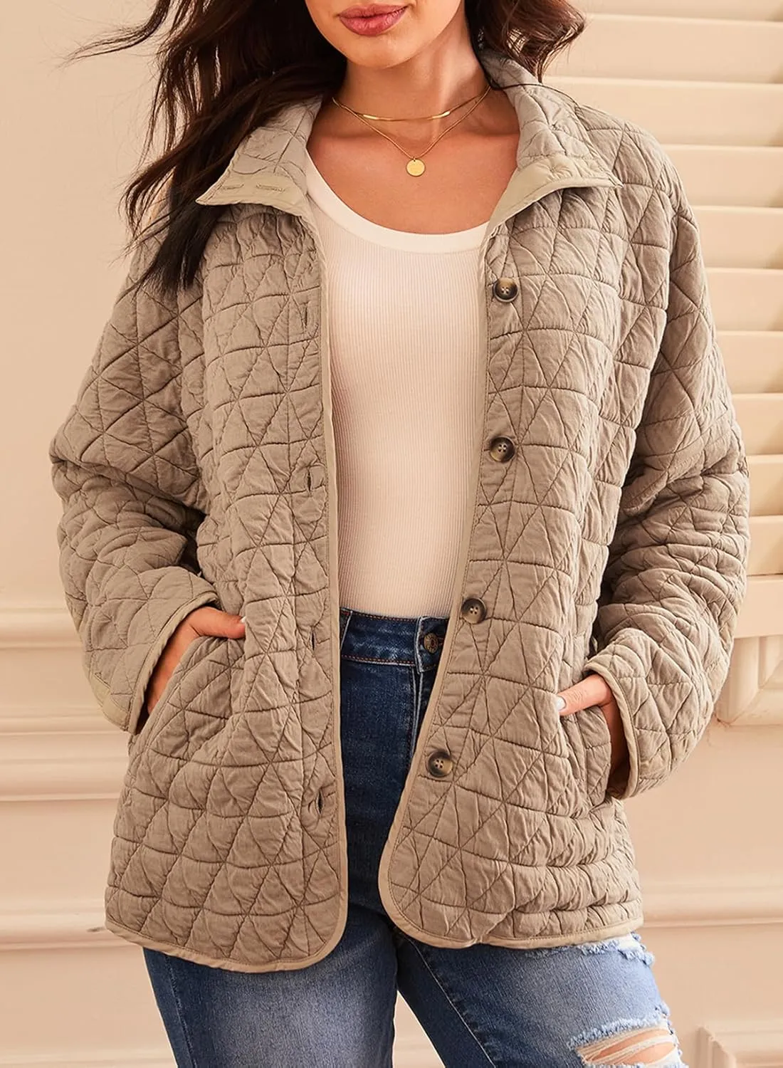 EVALESS Women's Lightweight Diamond Quilted Jacket Casual Winter Open Front Button Down Puffer Coat Outwear Cardigan