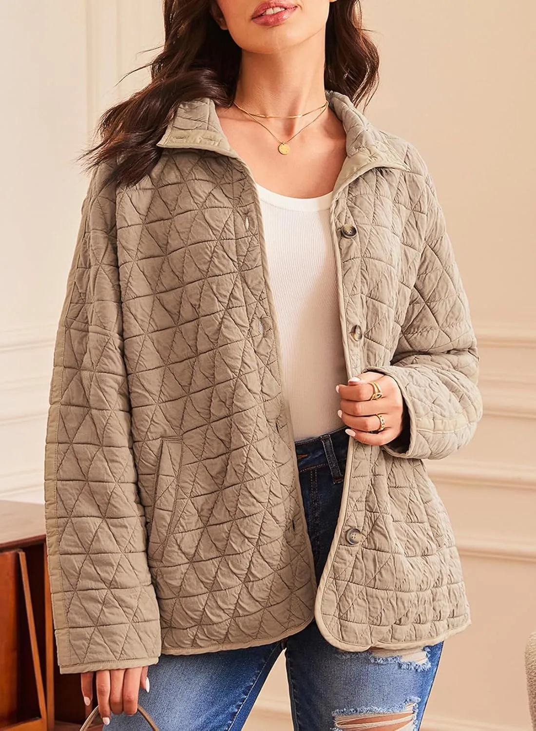EVALESS Women's Lightweight Diamond Quilted Jacket Casual Winter Open Front Button Down Puffer Coat Outwear Cardigan