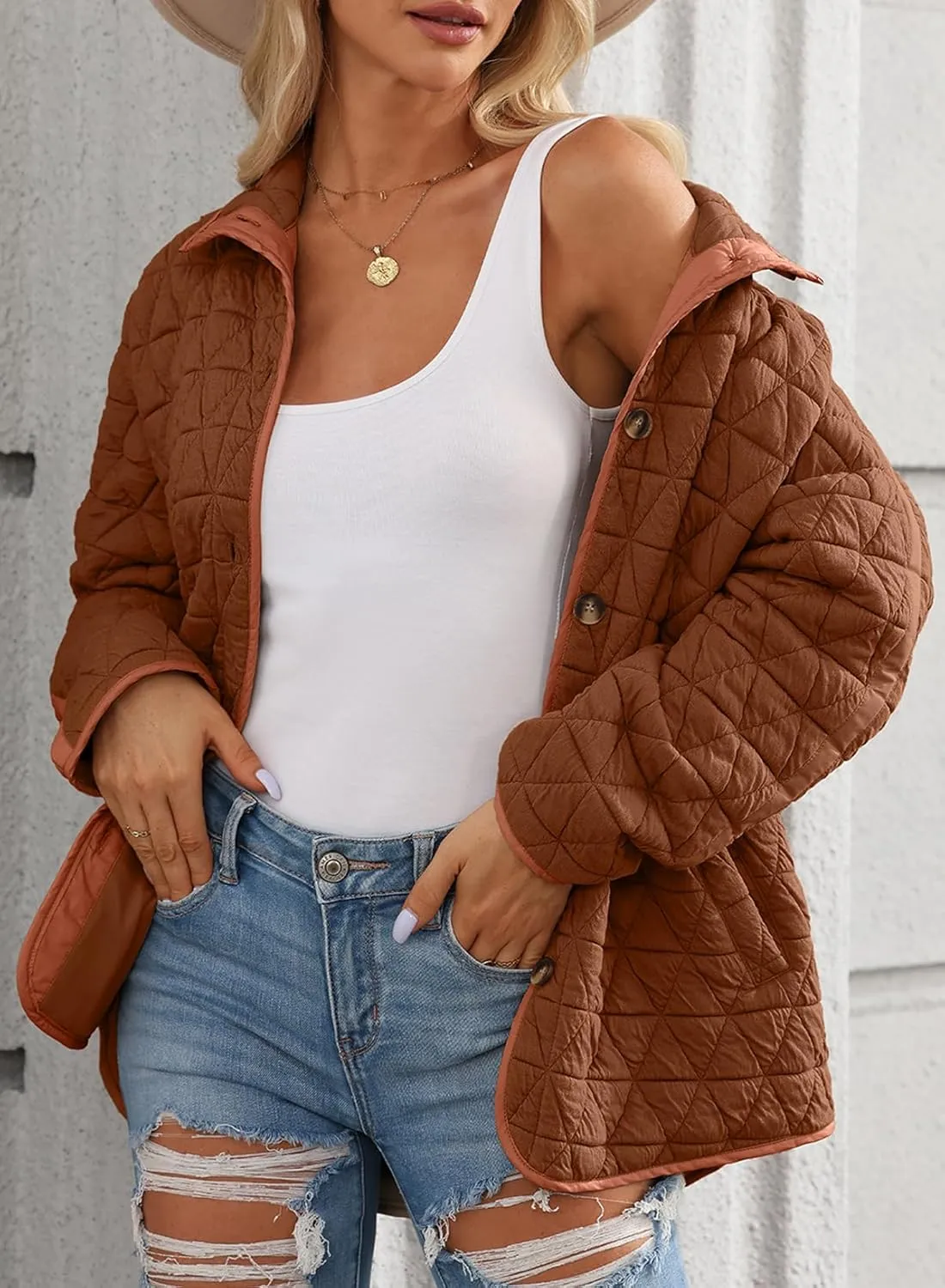EVALESS Women's Lightweight Diamond Quilted Jacket Casual Winter Open Front Button Down Puffer Coat Outwear Cardigan