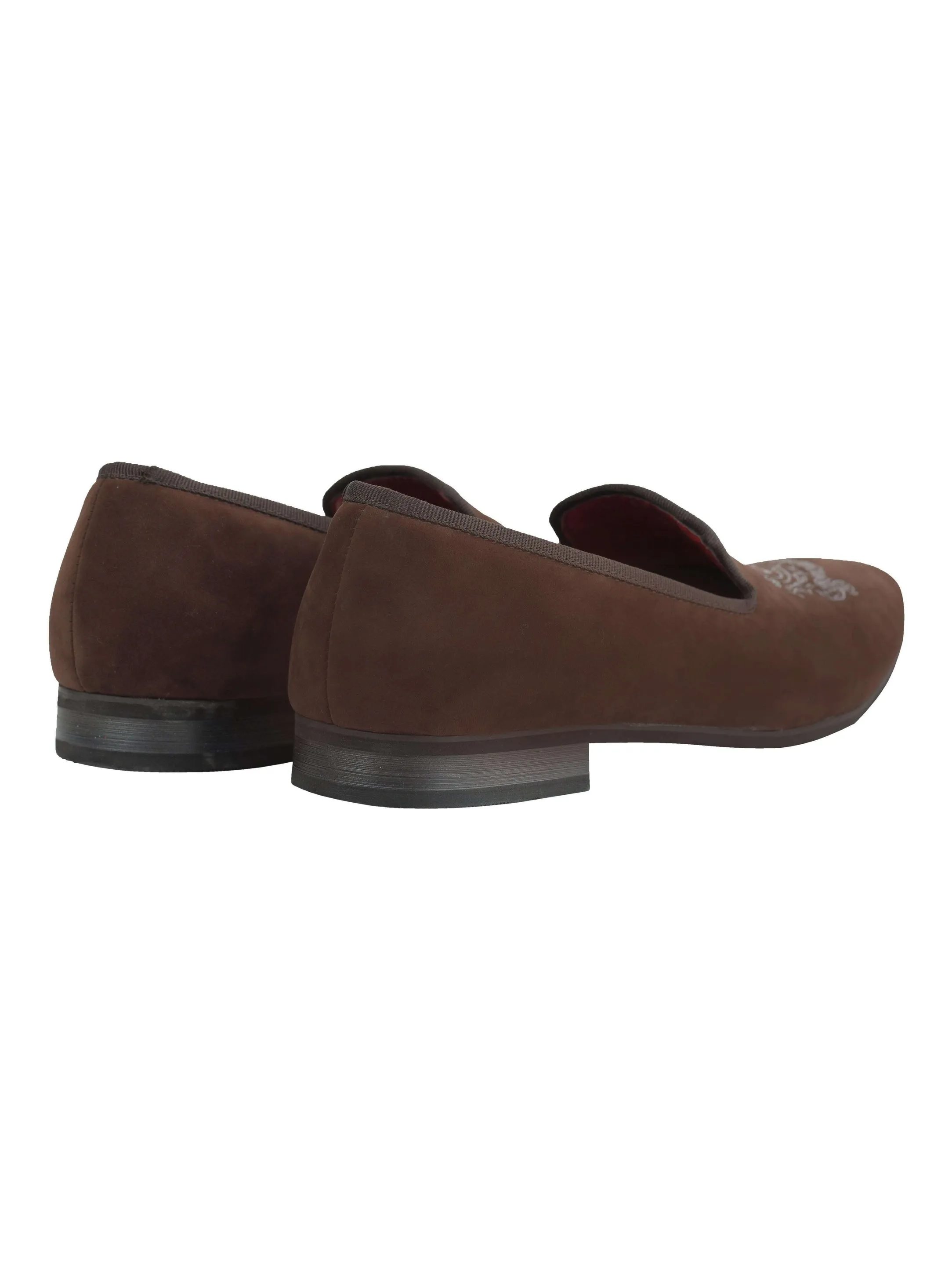 FAUX VELVET EMBROIDERY SUEDE LEATHER LOAFERS IN BROWN