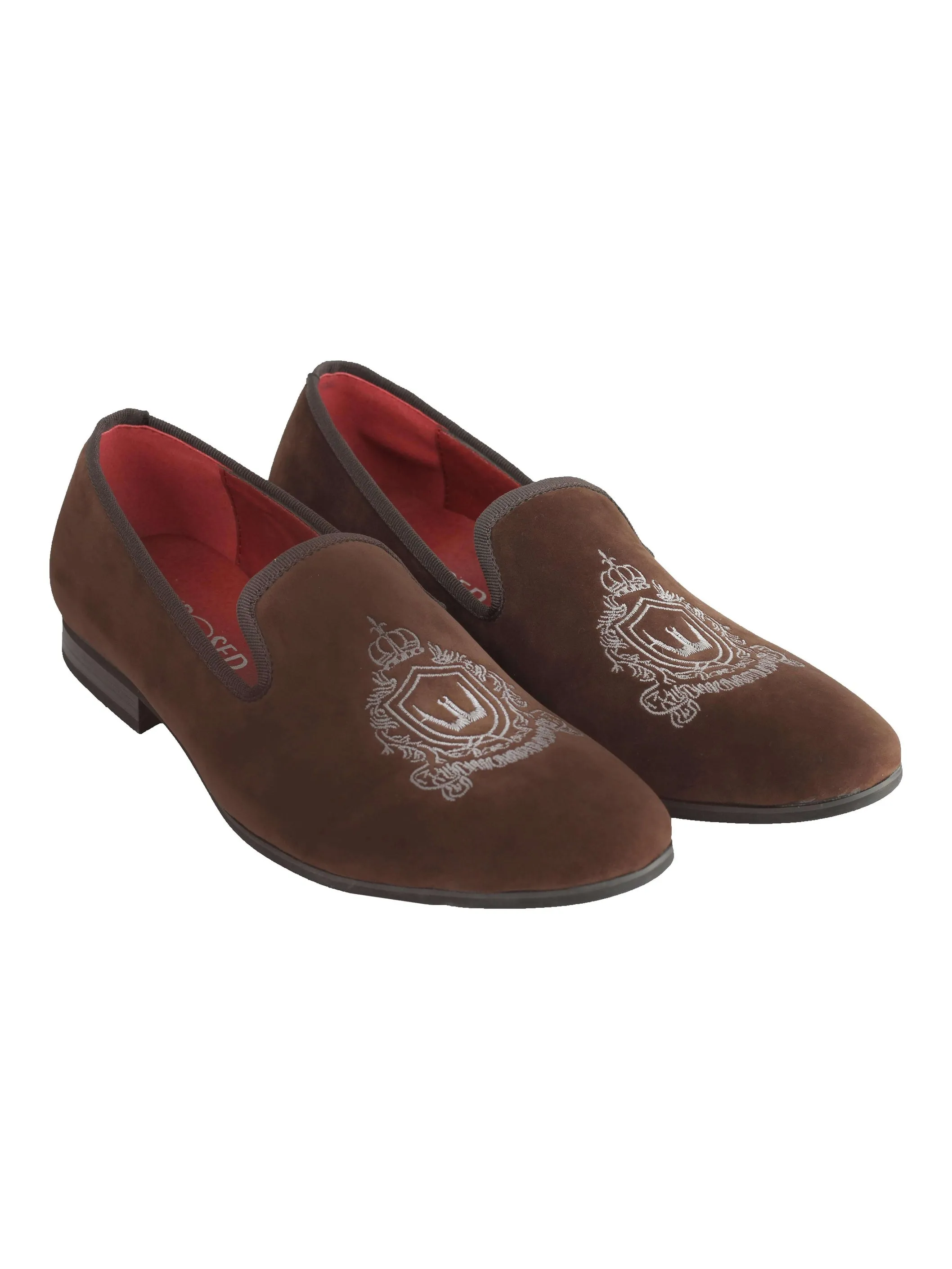 FAUX VELVET EMBROIDERY SUEDE LEATHER LOAFERS IN BROWN