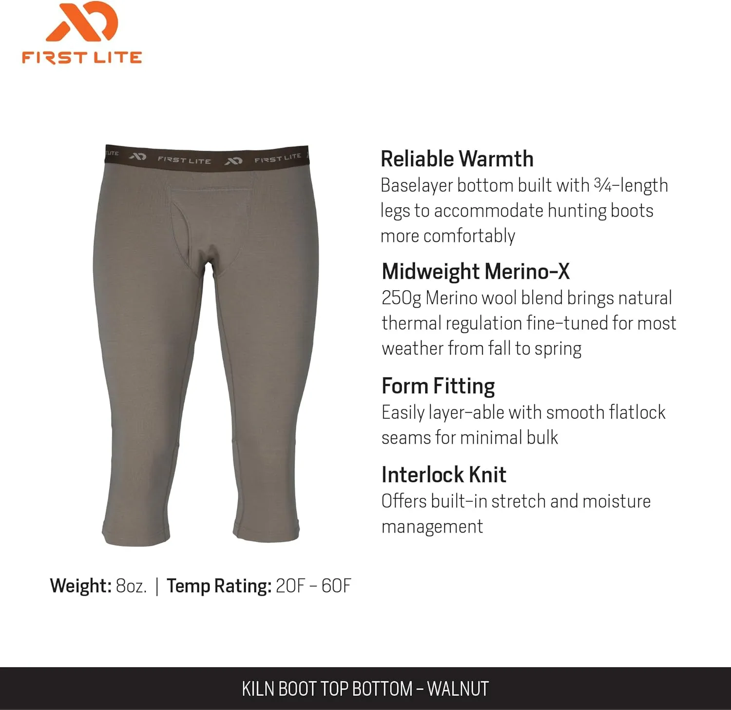 First Lite Men's Kiln Boot Top Bottom - Midweight Merino Wool Baselayer Camo Baselayer