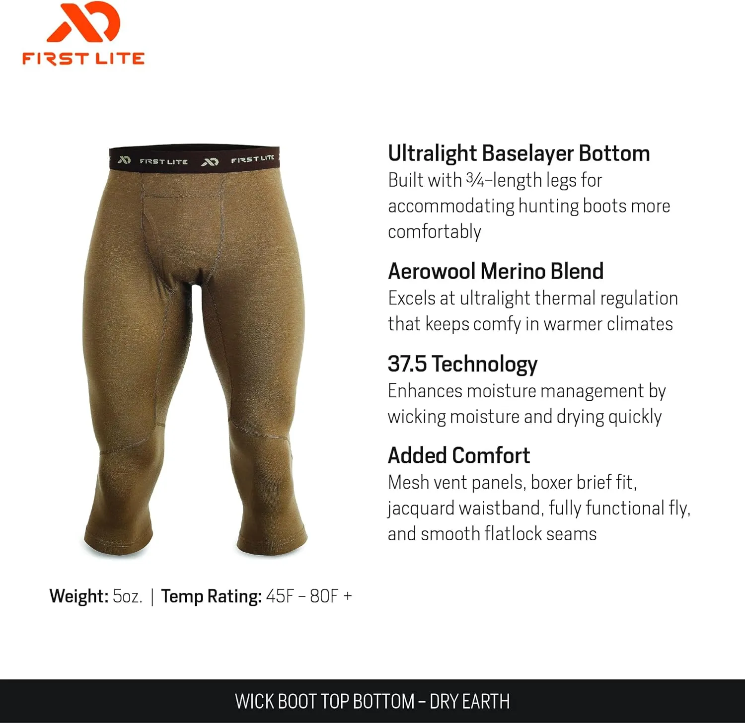 First Lite Men's Wick Boot Top - Ultralight Merino Wool Baselayer Camo Pant Bottoms