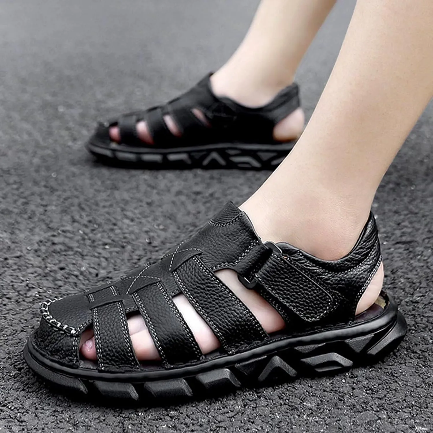 Fisherman Sandals Men's Causal Leather Outdoor Sport Walking Hiking Loafers Summer Beach Sandals Closed Toe