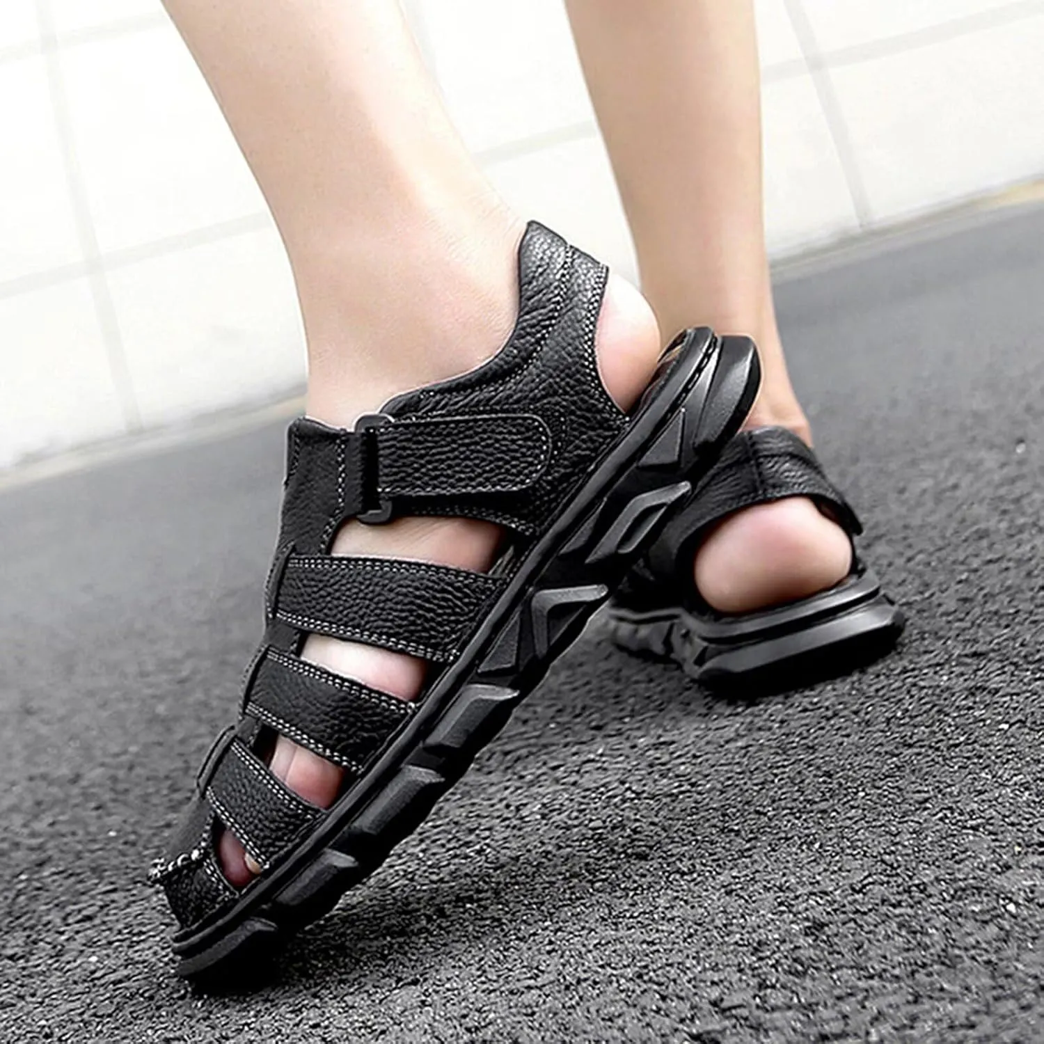 Fisherman Sandals Men's Causal Leather Outdoor Sport Walking Hiking Loafers Summer Beach Sandals Closed Toe