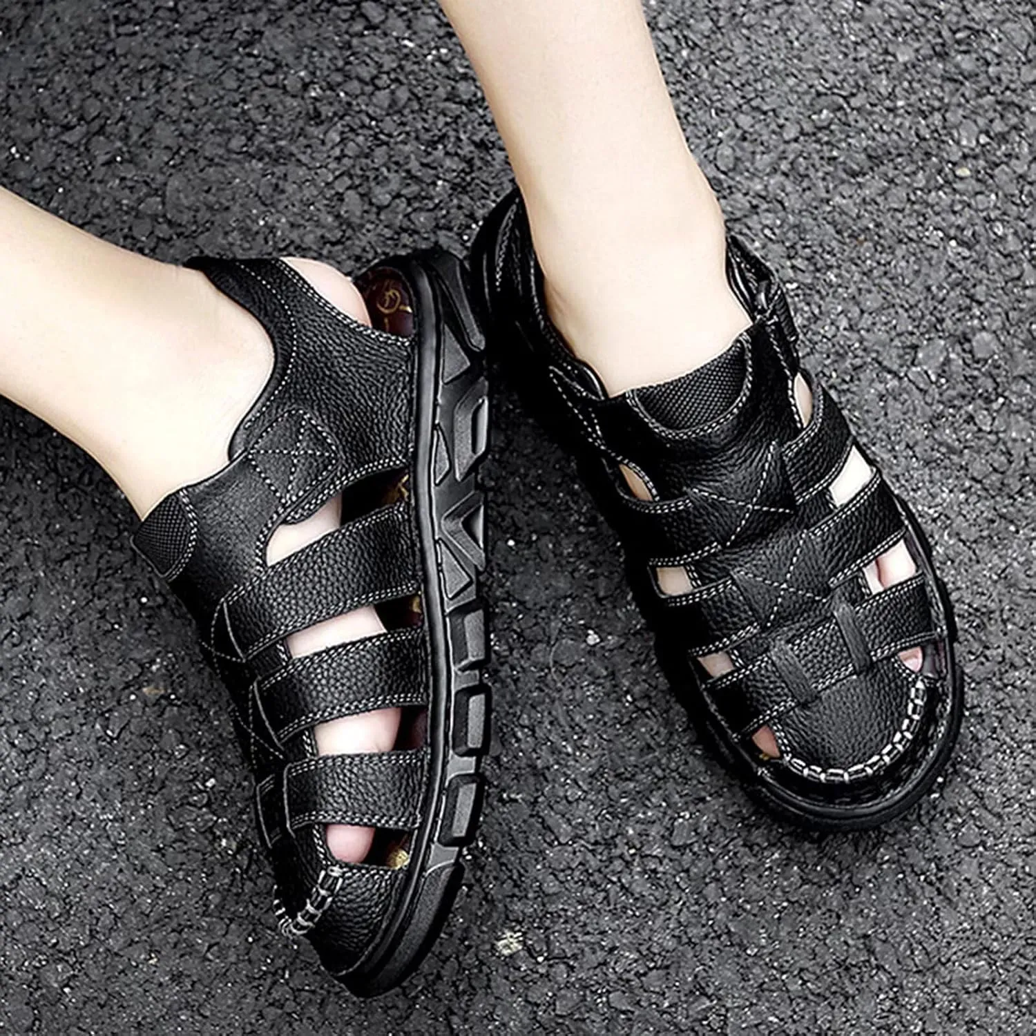 Fisherman Sandals Men's Causal Leather Outdoor Sport Walking Hiking Loafers Summer Beach Sandals Closed Toe