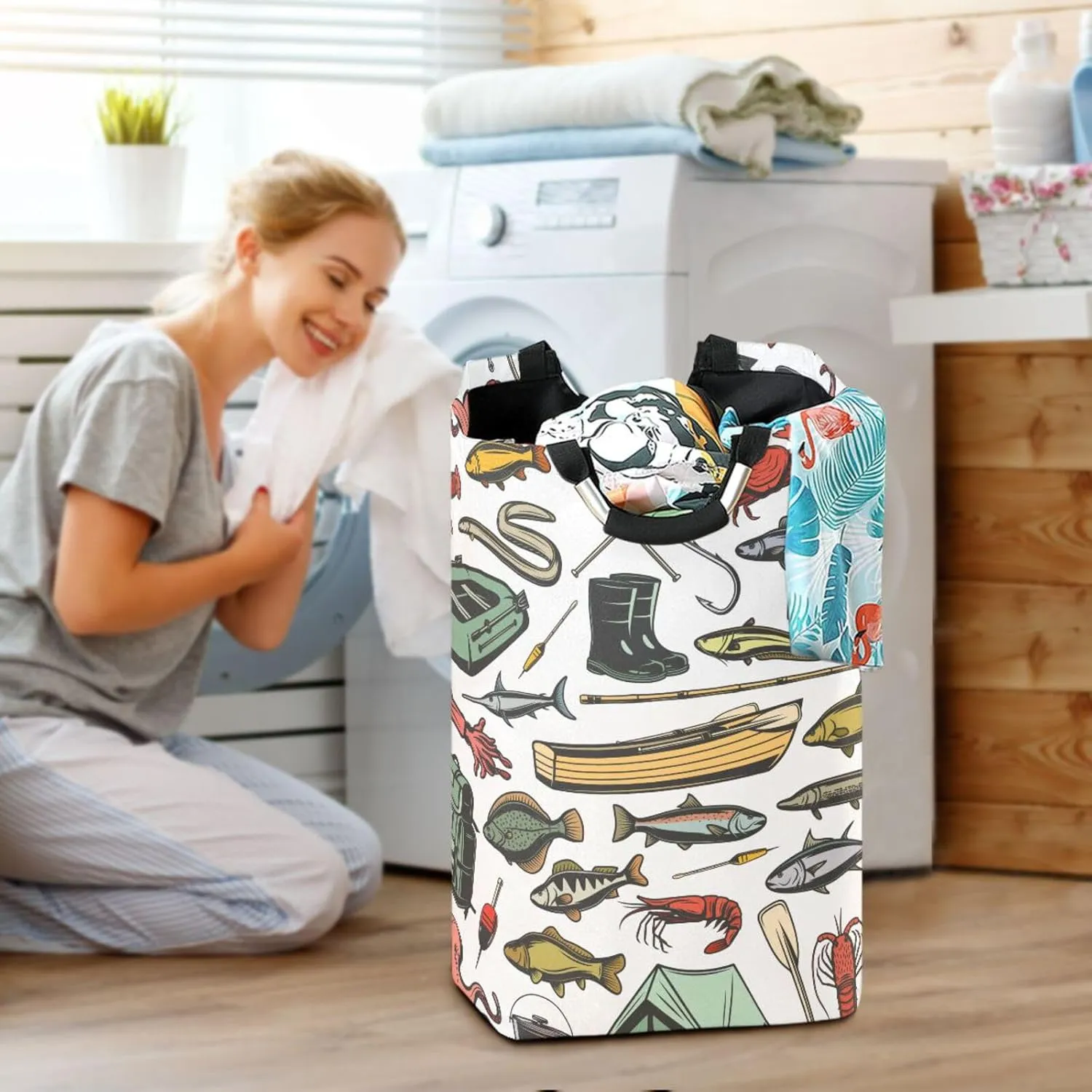 Fishery Gear Rods Boots Large Laundry Baskets Washing Hamper Bag Fishing Wooden Boats Dirty Clothes Storage Bin Toy book Clothing Holder With Handles For Home Bathroom Bedroom 50L