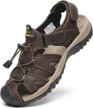 FLARUT Men's Sport Sandals Outdoor Hiking Sandals Closed Toe Leather Athletic Lightweight Trail Walking Casual Sandals Water Shoes