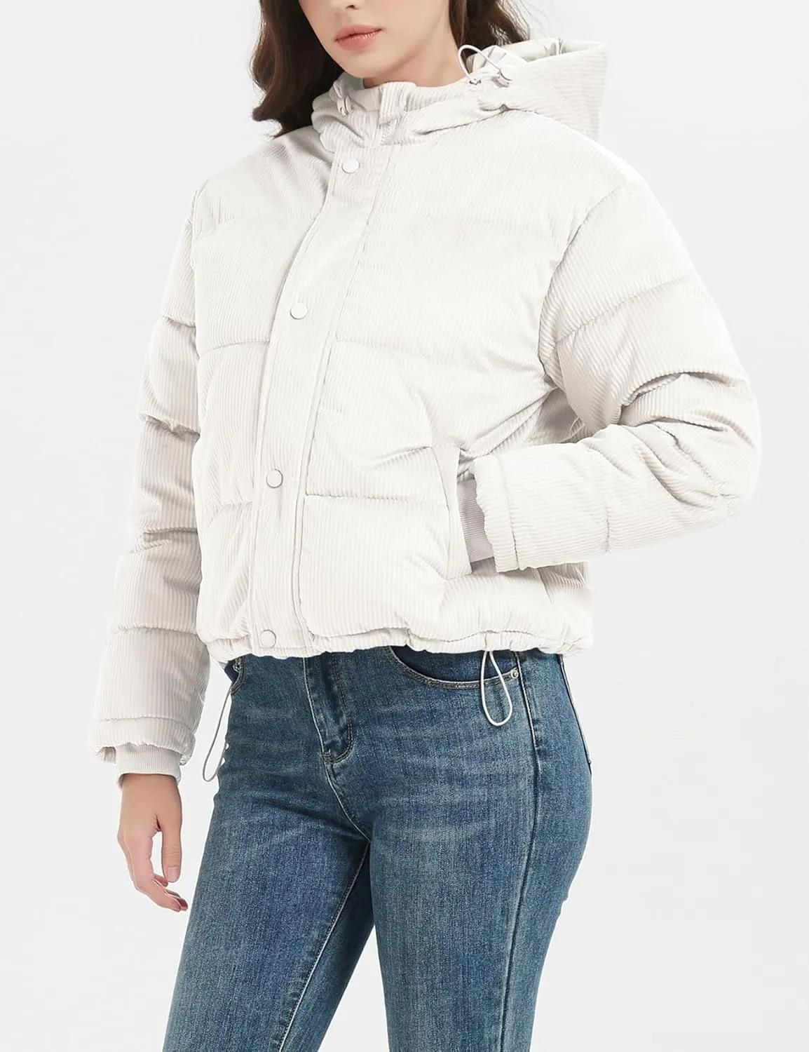 Flygo Puffer Jacket Womens Cropped Corduroy Hooded Winter Jackets Warm Quilted Long Sleeve Bubble Down Coats
