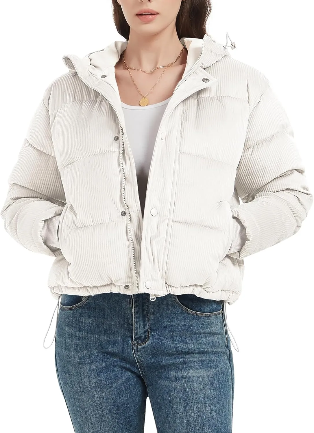 Flygo Puffer Jacket Womens Cropped Corduroy Hooded Winter Jackets Warm Quilted Long Sleeve Bubble Down Coats