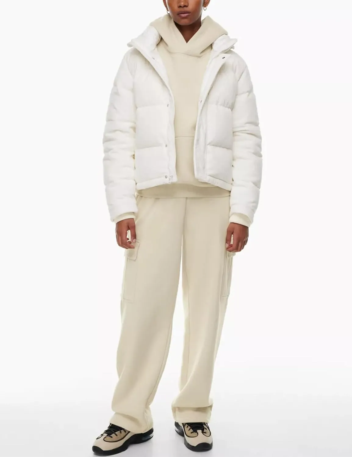Flygo Puffer Jacket Womens Cropped Corduroy Hooded Winter Jackets Warm Quilted Long Sleeve Bubble Down Coats