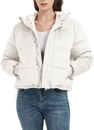 Flygo Puffer Jacket Womens Cropped Corduroy Hooded Winter Jackets Warm Quilted Long Sleeve Bubble Down Coats