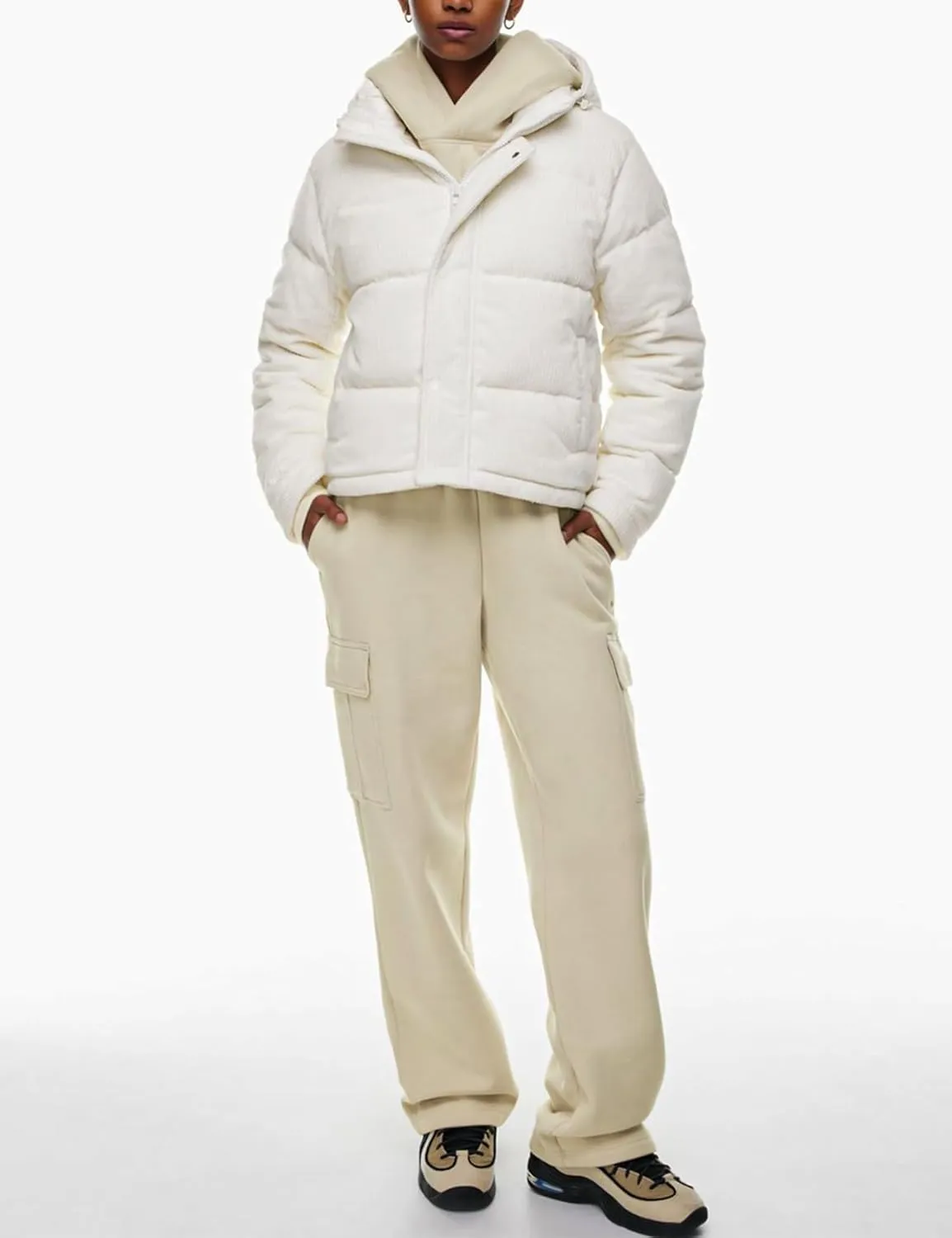 Flygo Puffer Jacket Womens Cropped Corduroy Hooded Winter Jackets Warm Quilted Long Sleeve Bubble Down Coats