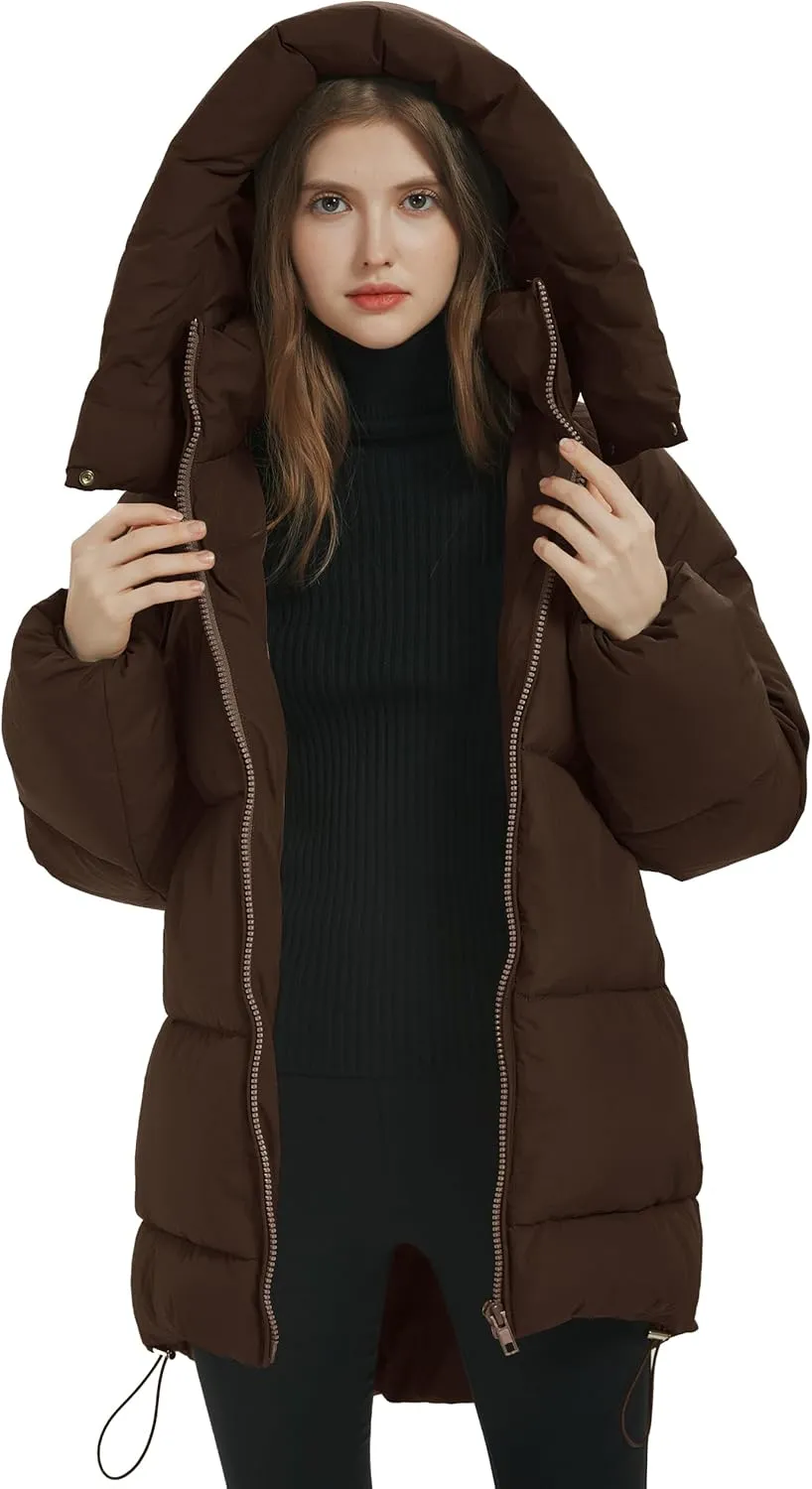 Flygo Womens Hooded Quilted Puffer Jacket Mid-Length Padded Warm Winter Heavyweight Coat Outerwear