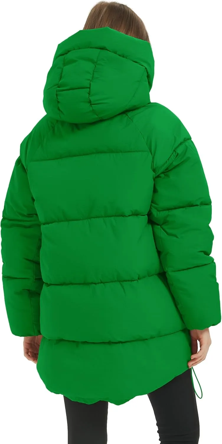 Flygo Womens Hooded Quilted Puffer Jacket Mid-Length Padded Warm Winter Heavyweight Coat Outerwear