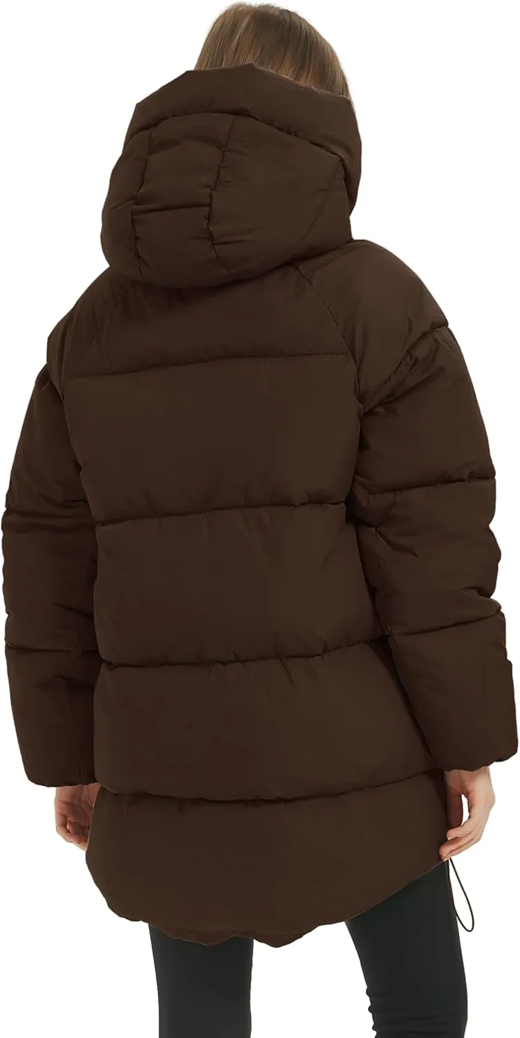 Flygo Womens Hooded Quilted Puffer Jacket Mid-Length Padded Warm Winter Heavyweight Coat Outerwear