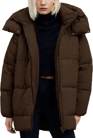 Flygo Womens Hooded Quilted Puffer Jacket Mid-Length Padded Warm Winter Heavyweight Coat Outerwear