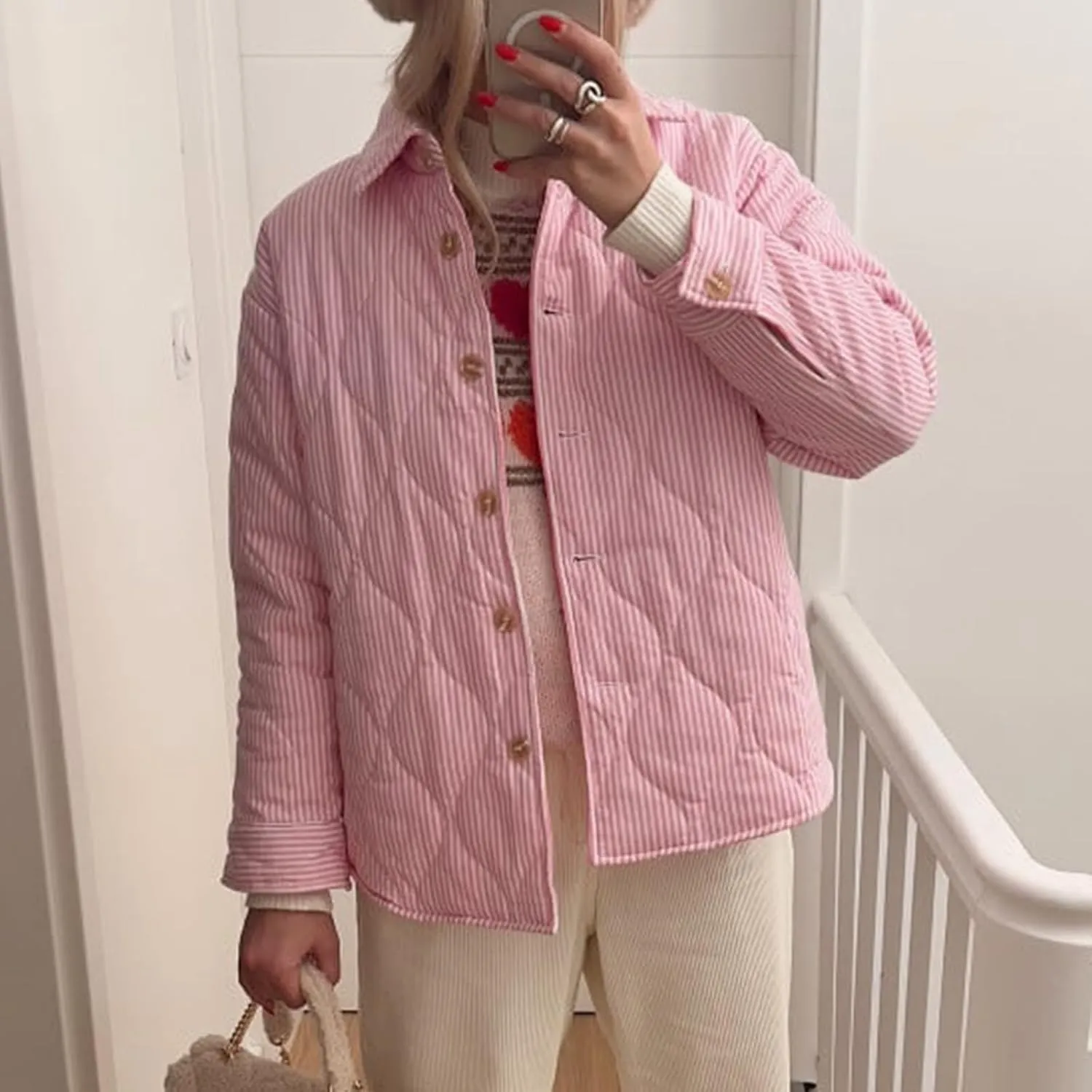FOMOYUU Women Y2K Quilted Jacket Turn Down Collar Striped Print Button Padded Coat Lightweight Long Sleeve Puffer Outwear