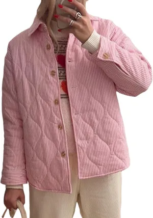 FOMOYUU Women Y2K Quilted Jacket Turn Down Collar Striped Print Button Padded Coat Lightweight Long Sleeve Puffer Outwear