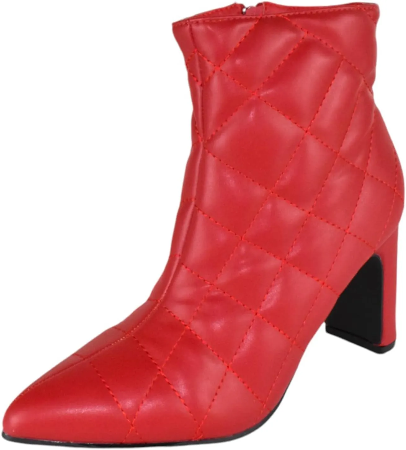 Forever Women Ankle Boots Block High Heels Side Zipper Booties Pointed Toe Quilted Knitted Stitching LOREENA-21