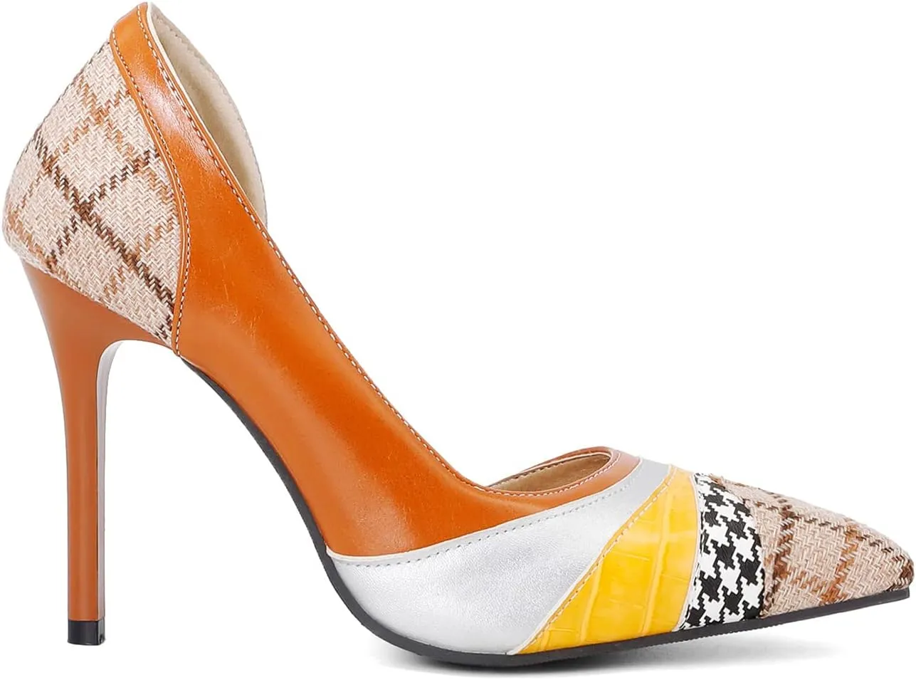 FOWT Comfort Contrast Leather Quilted Crocodile Pattern Slip-on Half D'Orsay High Heel Pumps for Woman Elegant Pointed Cap Toe Gradient Stiletto Heels Novelty Casual Dress Shoes, Brown US Size 4-15 M