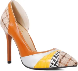 FOWT Comfort Contrast Leather Quilted Crocodile Pattern Slip-on Half D'Orsay High Heel Pumps for Woman Elegant Pointed Cap Toe Gradient Stiletto Heels Novelty Casual Dress Shoes, Brown US Size 4-15 M
