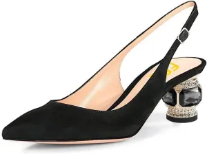 FSJ Women Pointed Toe Slingback Wedding Pumps Chunky Low Heel Rhinestone Sandals Crystal Dress Party Office Shoe with Buckle Size 4-15 M US