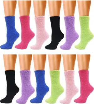 Fuzzy Socks, 12 Pairs Womens Girls, Non-Skid Gripper Bottom Warm Winter Holiday Slipper Bulk Pack